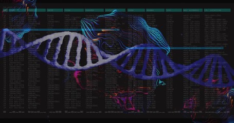 DNA helix oscillating while cyan scan gliding distorting data columns neon shapes visualizing data - Powered by Adobe