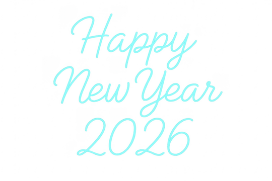 Happy new year 2026 cursive light blue neon sign on transparent background