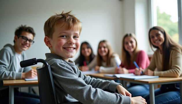 Young boy in wheelchair smiling with friends in classroom during study  