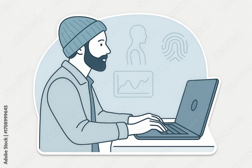 Poster a young man engrossed in technology leveraging data analytics and biometric security systems while s