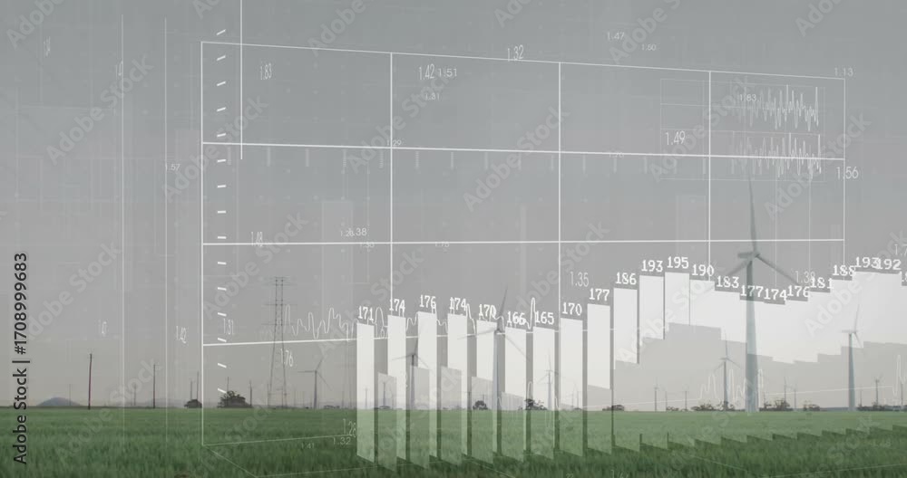 Poster upon grid fading in bars rising leftward line graph trending upward showing wind farm output growth