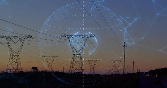 Blue dots emerging around towers on dusk road forming wireframe globe rotating visualizing data