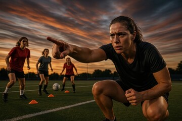 Dedicated soccer coach guiding youth team through dynamic training drills at sunset on turf field leadership strategy motivation and teamwork in action