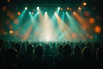 Defocused crowd in concert hall audience silhouettes watching bright stage lights with cinematic atmosphere moody haze and dramatic bokeh for live performance vibes