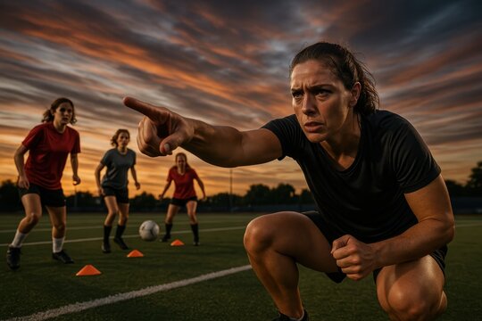Dedicated soccer coach guiding youth team through dynamic training drills at sunset on turf field leadership strategy motivation and teamwork in action