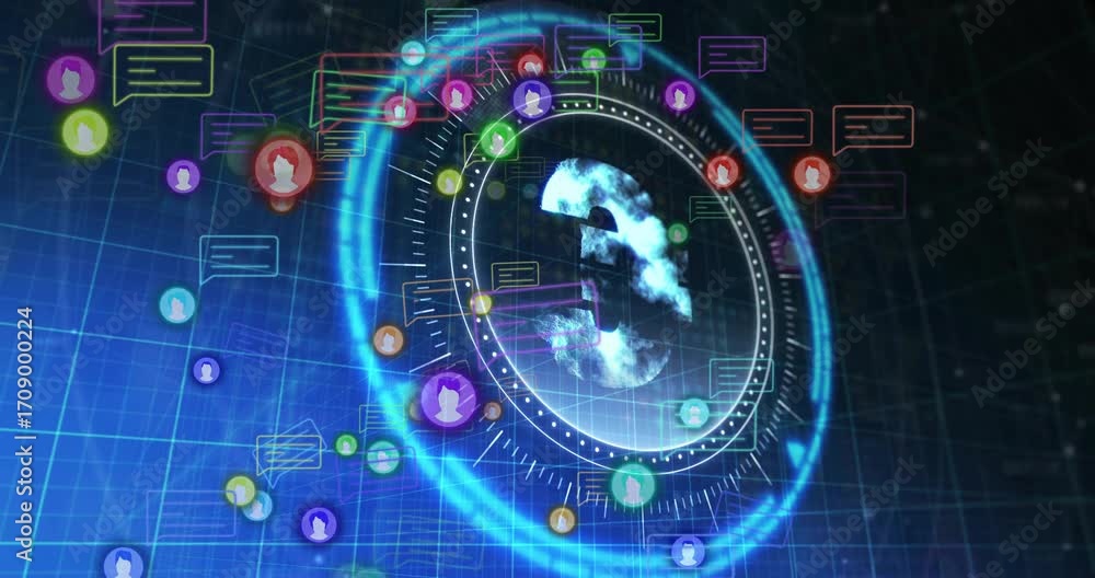 Poster dark grid opening ring forming social icons orbiting particles coalescing into pulsing 3 countdown