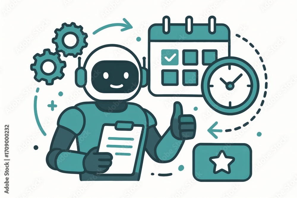 Poster ai-driven automation assistant showcasing gears and productivity tools represents the future of work