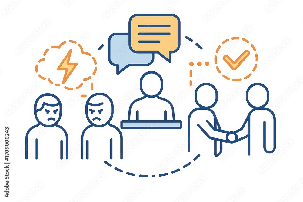 Poster visual representation of conflict resolution illustrating two angry individuals transformed into a h