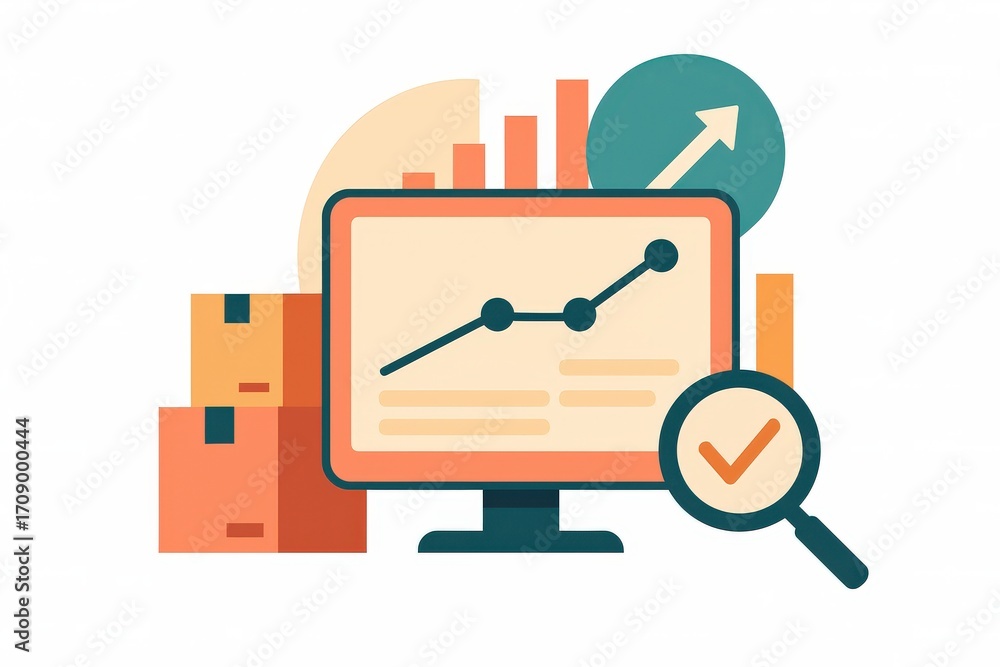 Poster analytical visualization of e-commerce metrics featuring digital growth trends and product boxes ind