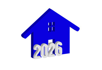 Simple 3D icon of a blue house in the year 2026. Transparent background in PNG format.