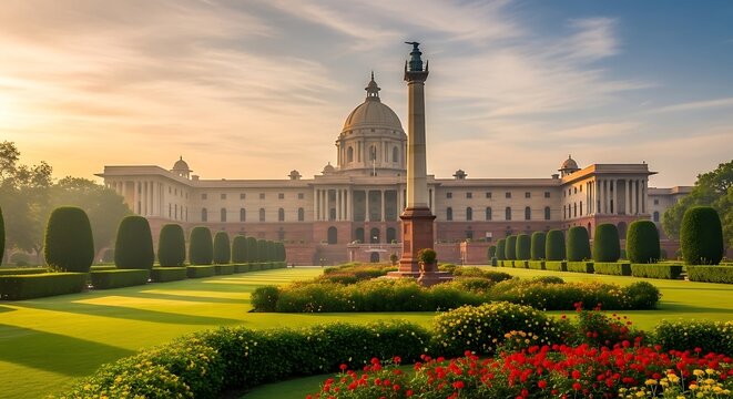 Beautiful government building with manicured lawns and flower gardens at sunrise in india
