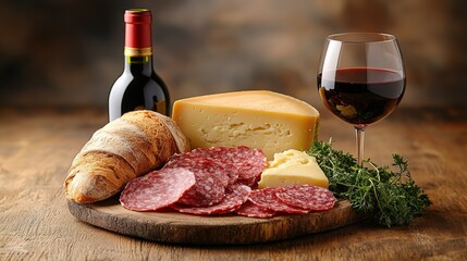 Red Wine with Cheese, Salami, Bread, and Herbs on Wooden Board
