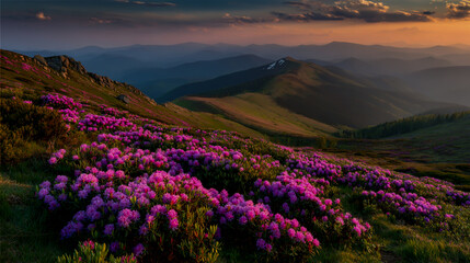 Beautiful flower field with pink rhododendron flowers on the mountain hill at sunset. Flowering Chornohora mountains, Carpathians, Ukraine