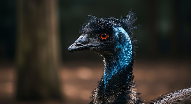 Striking portrait of an emu with vibrant blue neck feathers and intense orange eyes in nature - Powered by Adobe