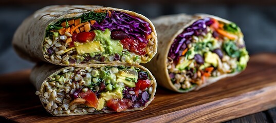 Delicious vegan burrito with fresh vegetables avocado and beans healthy food photography and recipe ideas