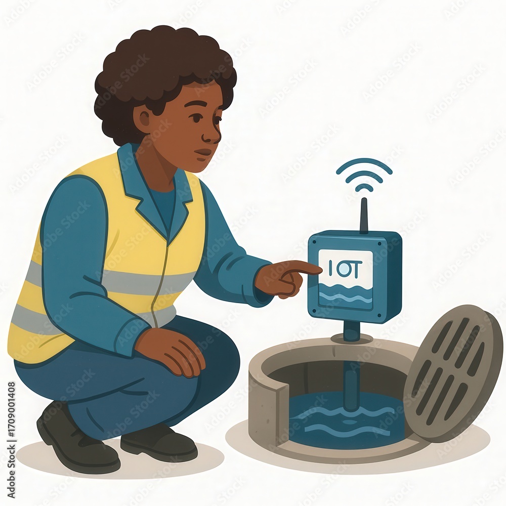 Poster intelligent technician in a reflective yellow vest interacts with an iot sensor installed in a drain