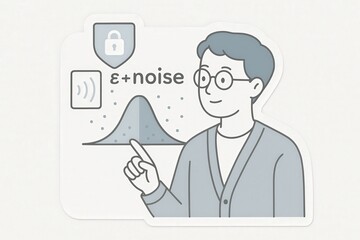 Analytical representation of noise reduction concepts featuring a male character explaining statistical data dynamics emphasizing security protocols within a digital framework evoking