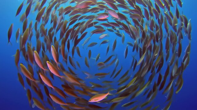 Mesmerizing School of Yellowtail Snapper Fish Swirling in Ocean's Depths