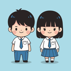 Charming cartoon illustration of a smiling boy and girl in school uniforms, symbolizing childhood friendship, youth, and back to school education