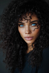 Fototapeta premium Black curly hair with blue beautiful eyes