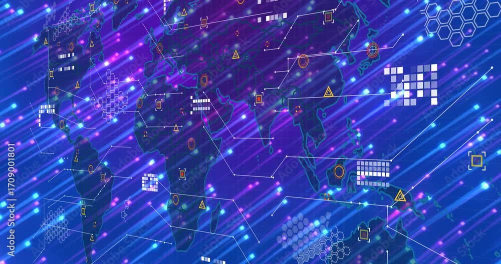 Poster neon streaks initiating map emerging then projecting hex grids and nodes showing global data flow