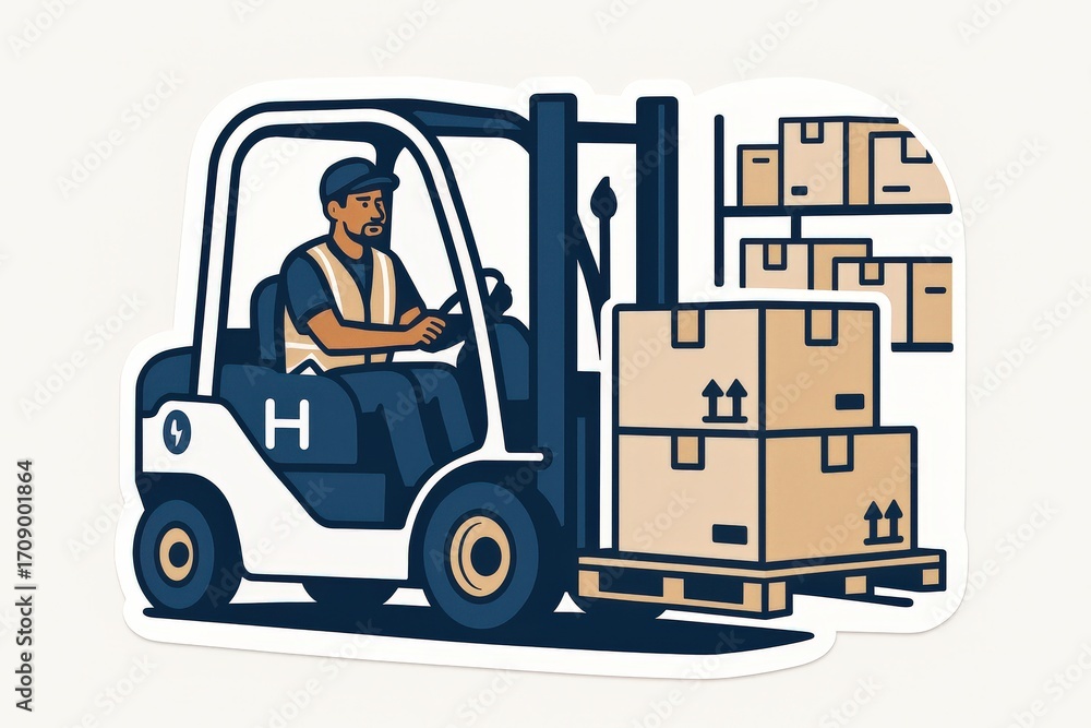 Poster a skilled forklift operator maneuvering a load of stacked cardboard boxes in a dynamic logistics env