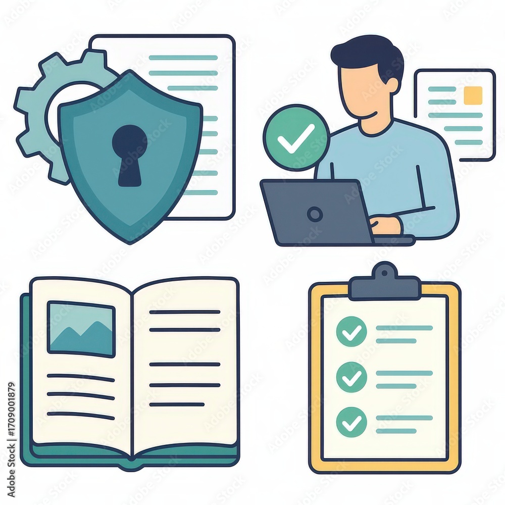 Poster professional male navigating cybersecurity protocols while managing digital tasks amidst documentati