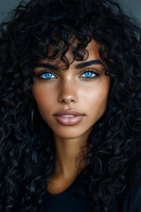 Fototapeta premium Black curly hair with blue beautiful eyes