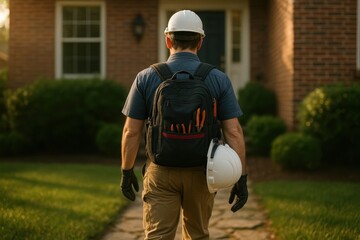 Residential service technician approaching front door of modern suburban home carrying tool backpack and wearing protective gear early morning arrival