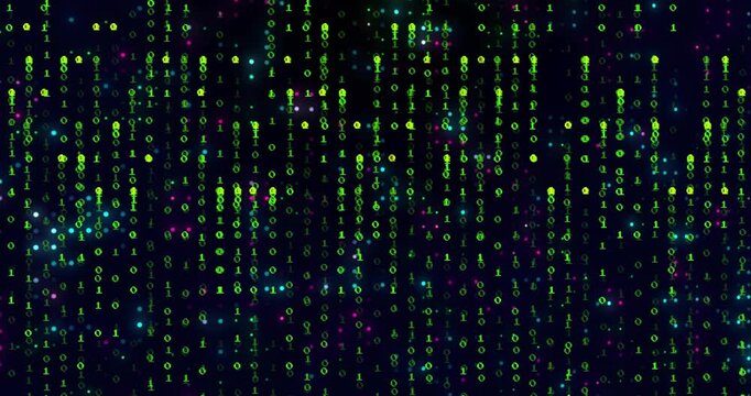 Binary digits materializing then cascading into neon rain streams representing digital data flow