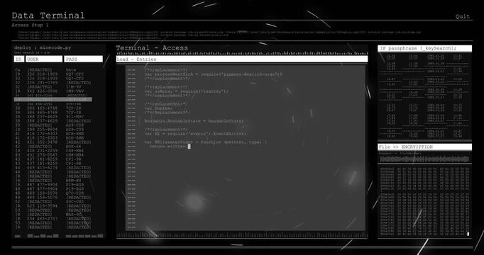 Particles activating interface fading in, panels updating code and streaming data for security