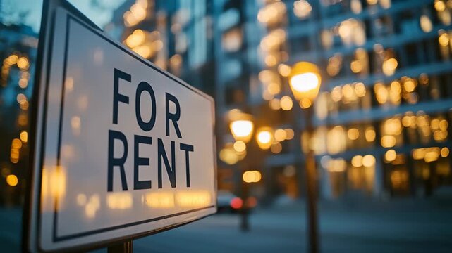 Close-up of &ldquo;For Rent&rdquo; sign with blurred modern apartments and glowing street lamps in background, symbolizing real estate, property rental, urban living, housing market, investment, and accommodation