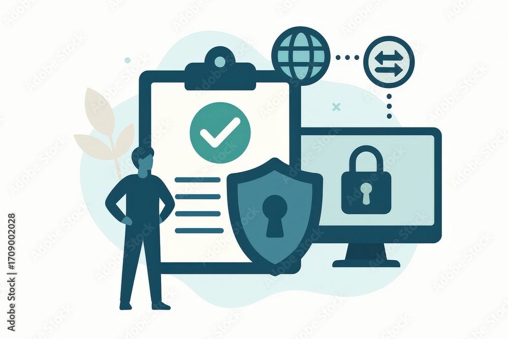 Poster conceptual visualization of digital security featuring a confident individual standing next to a pro
