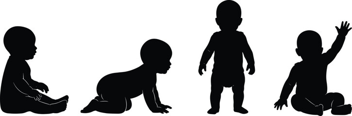 Baby silhouettes, infant poses, crawling baby, sitting toddler, standing child, early development, growth stages, child movement, black silhouette, isolated white background