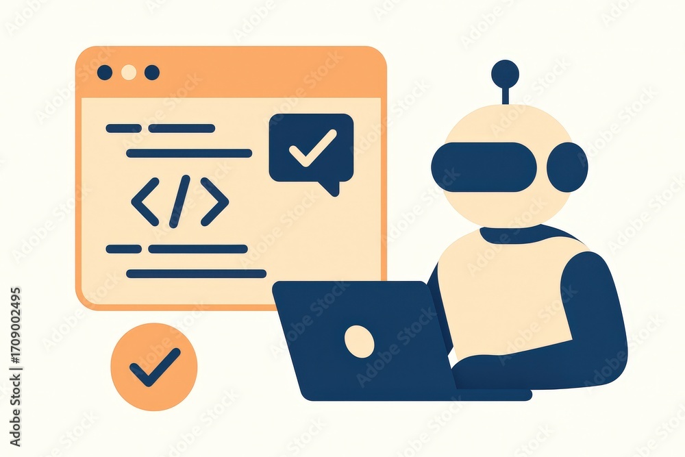 Poster ai-powered robotic assistant optimizing code from a laptop screen while representing technology inno