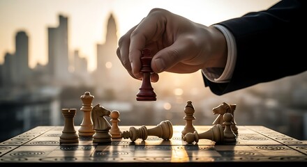 Strategic business move with chess piece, achieving success in a competitive market with smart tactics