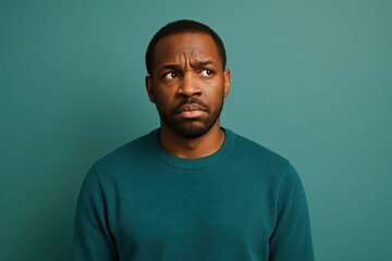 Studio portrait of a thoughtful African American man in a teal sweater against matching backdrop with puzzled expression and clean copy space