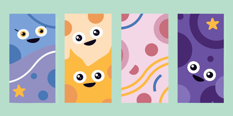 Four cute cartoon characters with big eyes and smiling faces on colorful abstract backgrounds