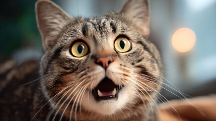 Portrait of cat with big fearful eyes concept. A curious cat with wide eyes and an expressive face, looking surprised.