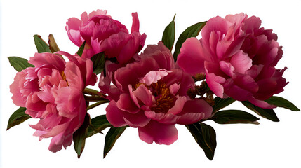 Beautiful pink peonies isolated on a white background, a floral bouquet with green leaves