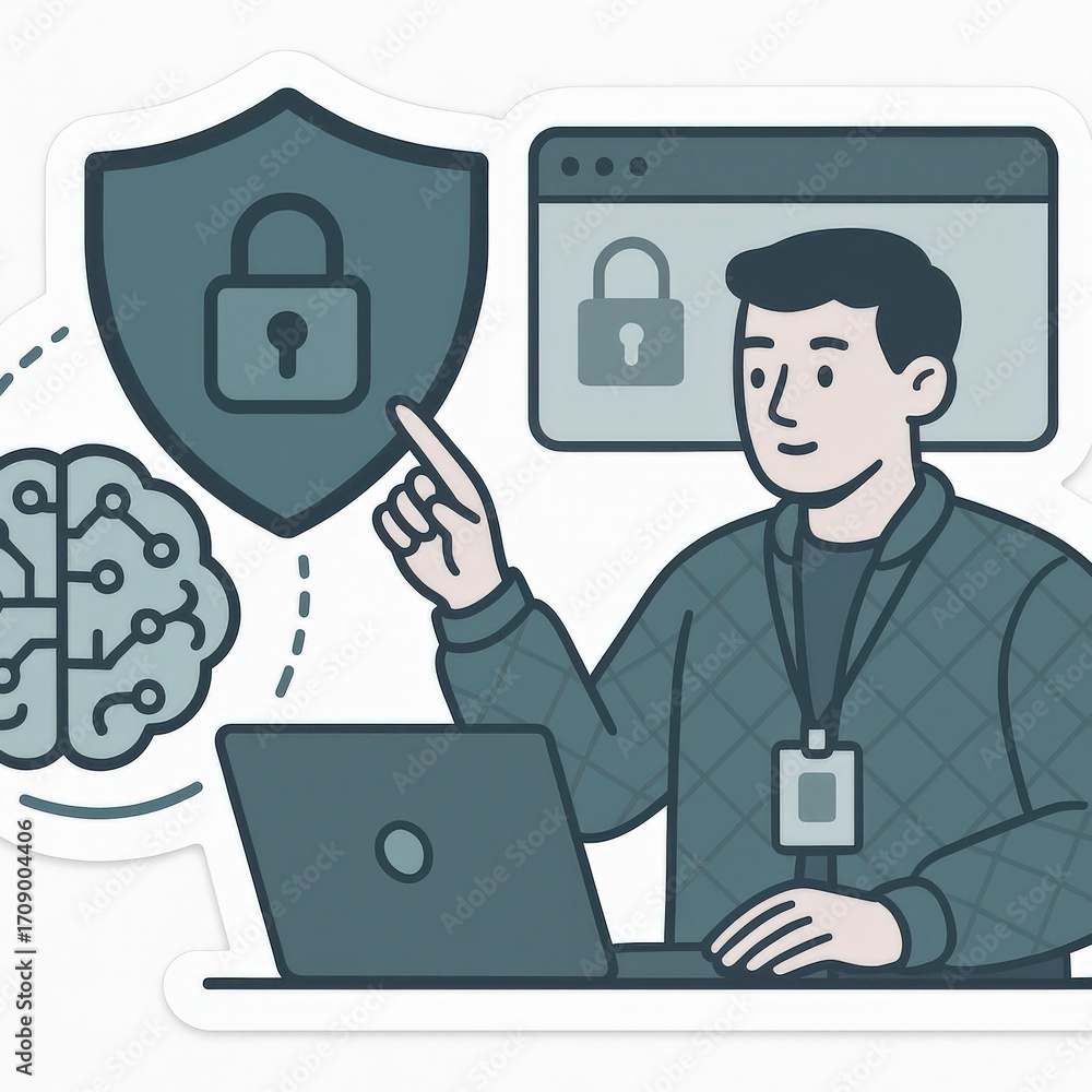 Poster professional male cybersecurity analyst addressing digital privacy concerns demonstrating concepts o