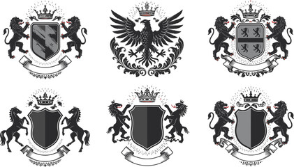 Set of vintage heraldic coat of arms, royal crests with lions, horses, eagle, crowns, shields, medieval decorative emblems. © Rafin's World