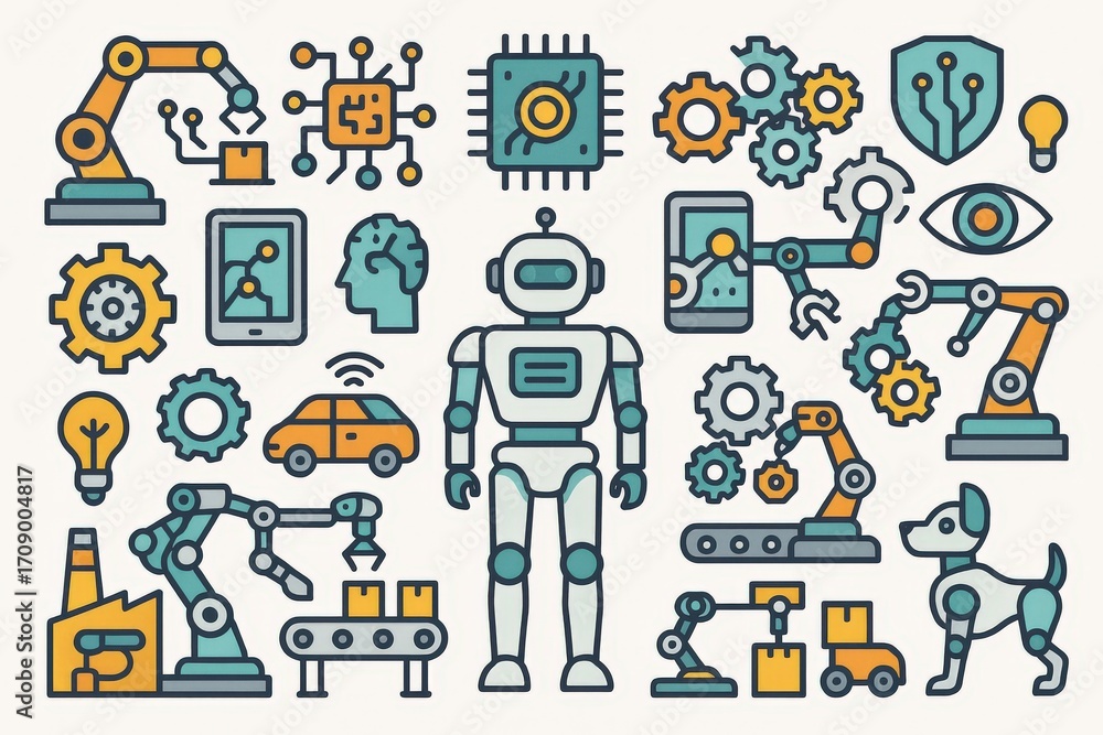 Poster exploring the intersection of robotics artificial intelligence and industrial automation within a dy