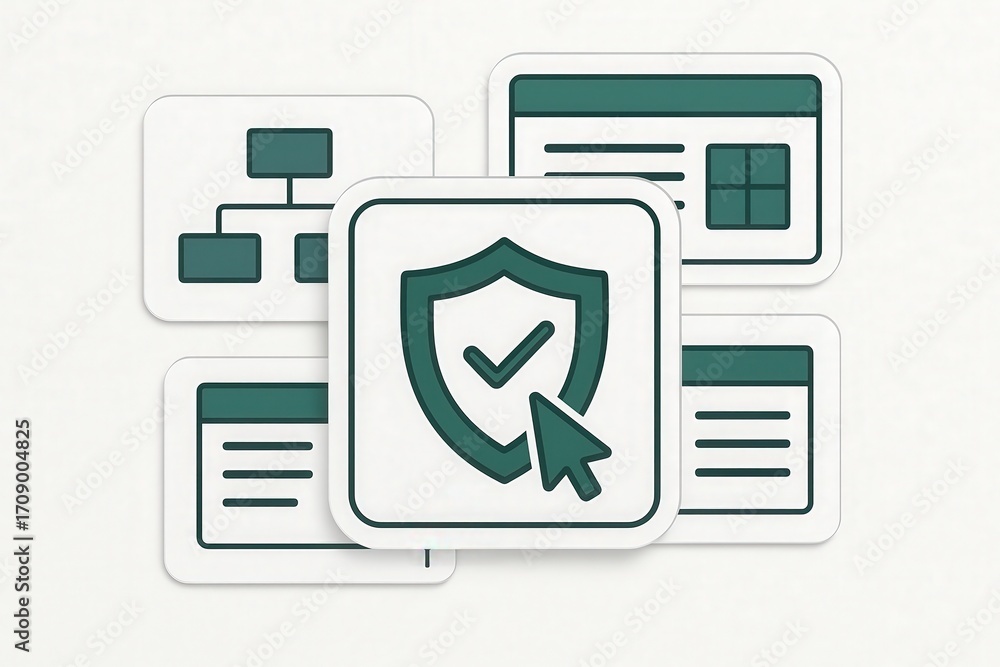 Poster digital security icons illustrating protection and compliance in cybersecurity with visual represent