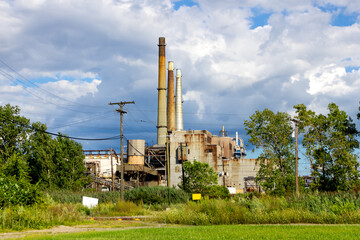DTE Energy river rouge power plant along Detroit river in Michigan for industrial power generation.