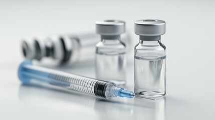 Medical concept image with glass vials filled with clear liquid and syringe needle on white background, vaccination, health care, protection, modern medicine, pharmaceutical research and treatment.