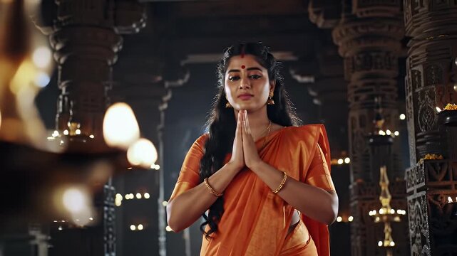 Young Woman Praying in Temple Adorned With Intricate Columns and Warm Candlelight Wearing Orange Saree