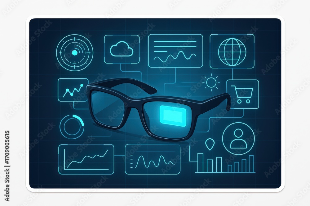 Poster innovative smart glasses displaying data analytics and interactive elements symbolizing the intersec