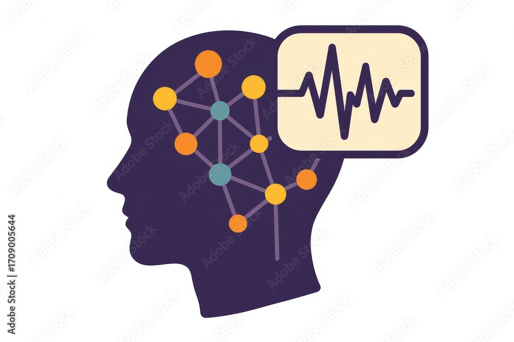 Poster conceptual representation of human cognitive processes showcasing neural connections and vital signs