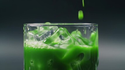 Dynamic Slow Motion Close-Up of Thick Green Liquid Pouring Over Ice Cubes in a Glass - Powered by Adobe